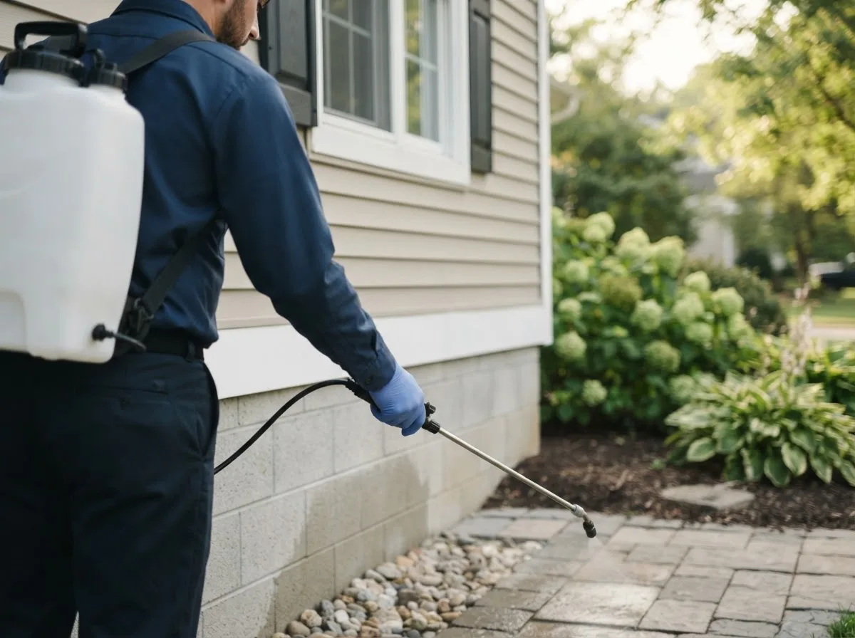 Pest control technician inspecting a home in Huntley, WY